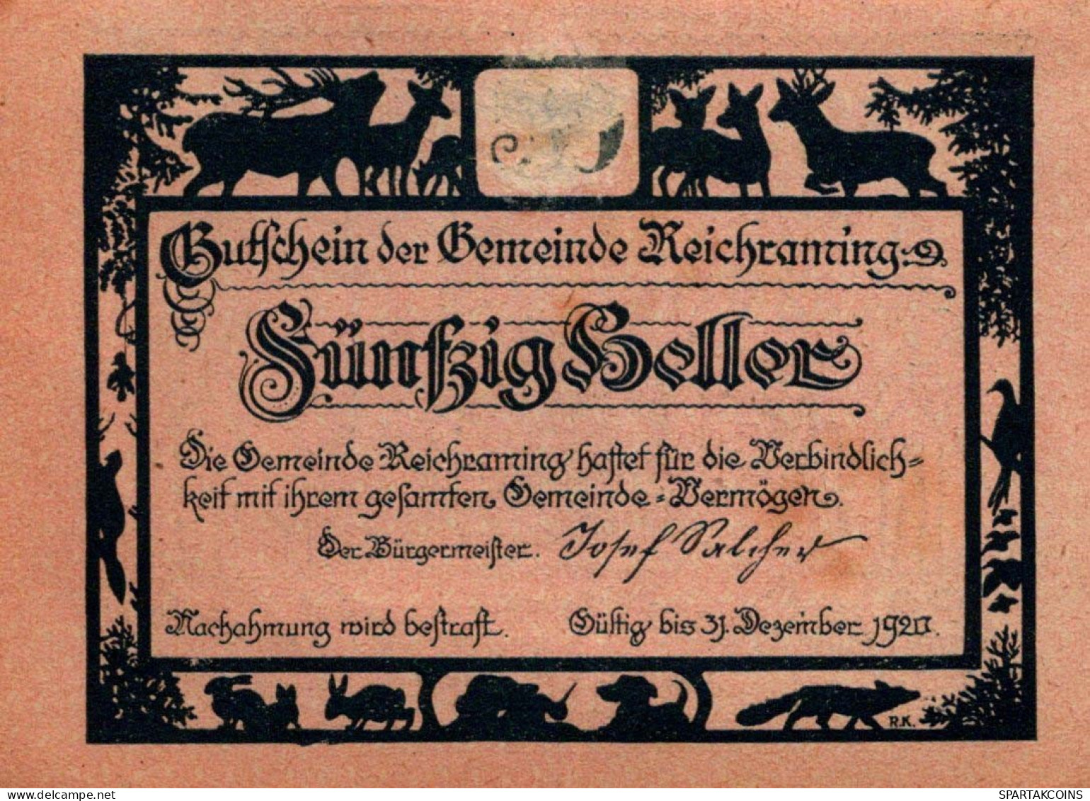 50 HELLER 1920 Stadt REICHRAMING Oberösterreich Österreich Notgeld #PI389 - [11] Emissions Locales
