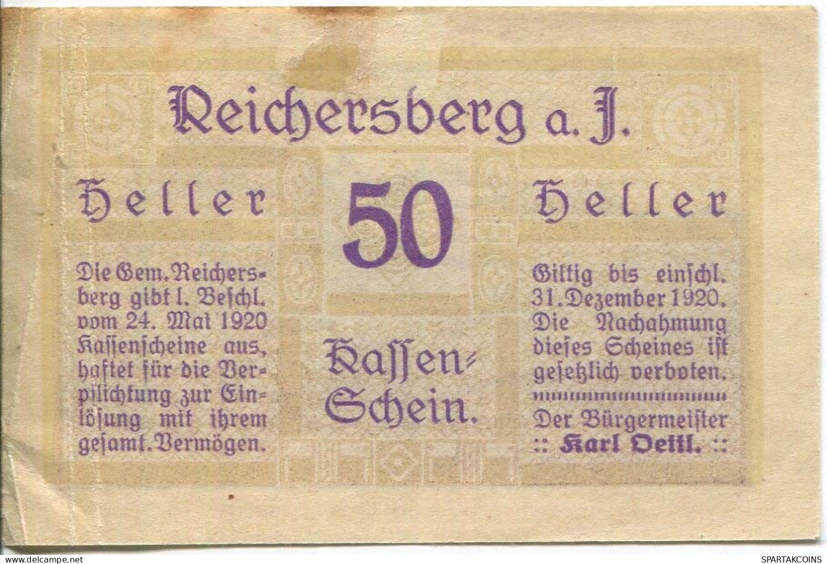 50 HELLER 1920 Stadt REICHERSBERG Oberösterreich Österreich Notgeld Papiergeld Banknote #PL727 - [11] Local Banknote Issues