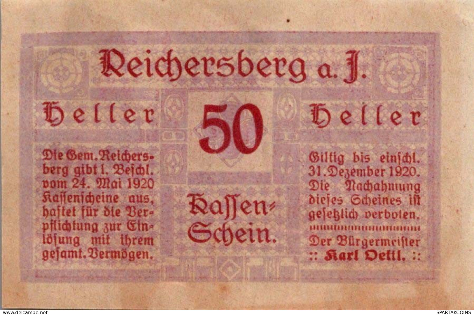 50 HELLER 1920 Stadt REICHERSBERG Oberösterreich Österreich Notgeld #PE536 - [11] Local Banknote Issues
