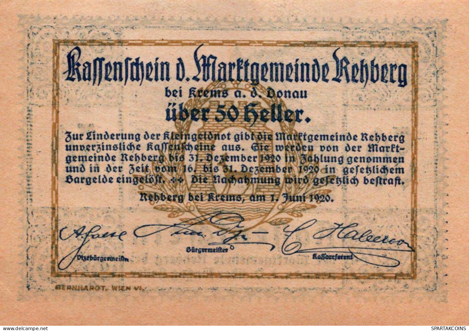 50 HELLER 1920 Stadt REHBERG BEI KREMS AN DER DONAU Österreich #PE568 - [11] Local Banknote Issues
