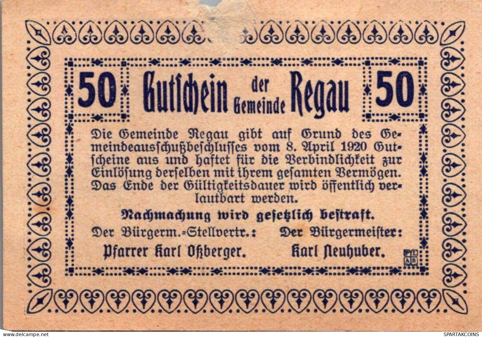 50 HELLER 1920 Stadt REGAU Oberösterreich Österreich Notgeld Banknote #PI241 - [11] Local Banknote Issues