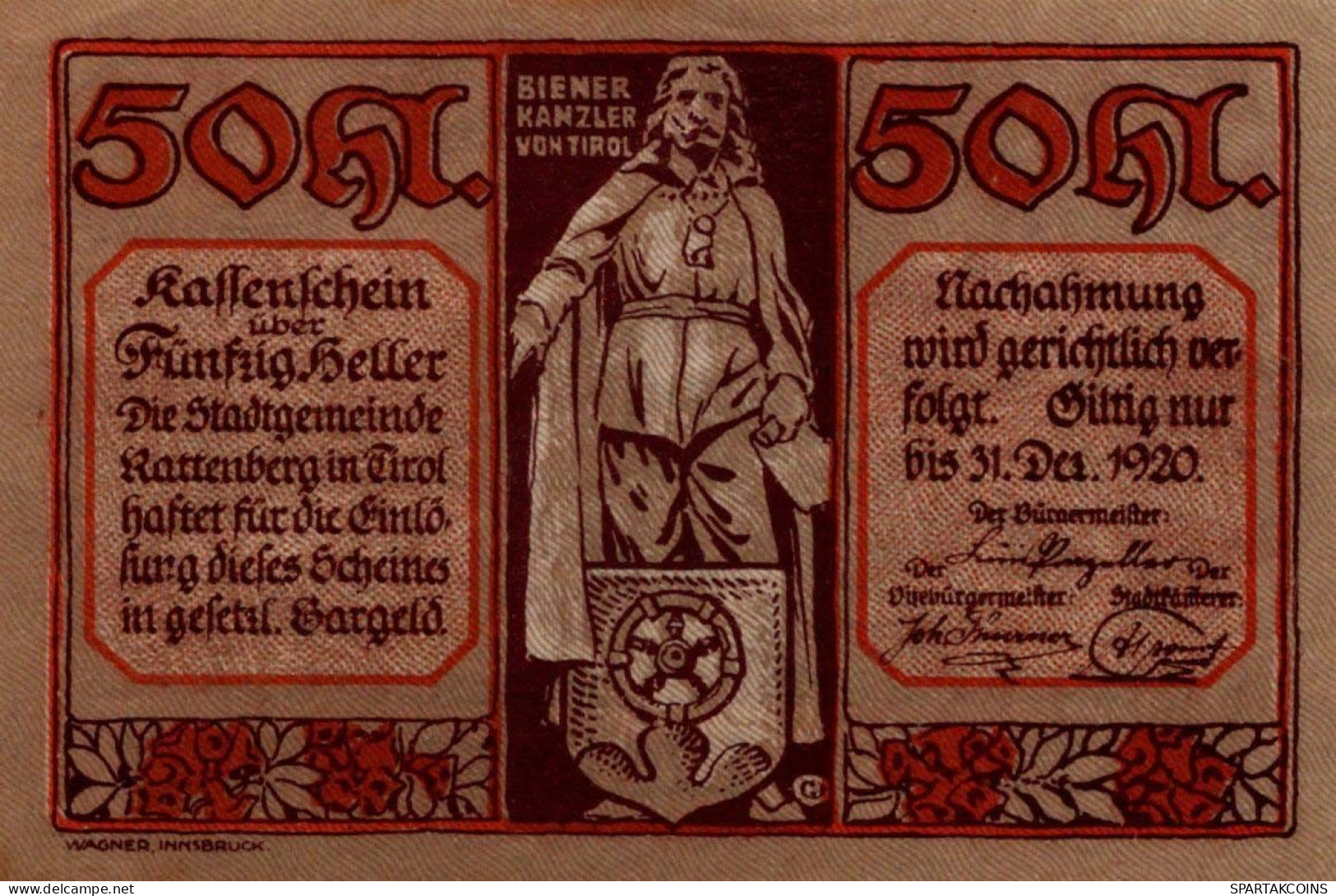 50 HELLER 1920 Stadt RATTENBERG Tyrol UNC Österreich Notgeld Banknote #PH384 - [11] Emissions Locales