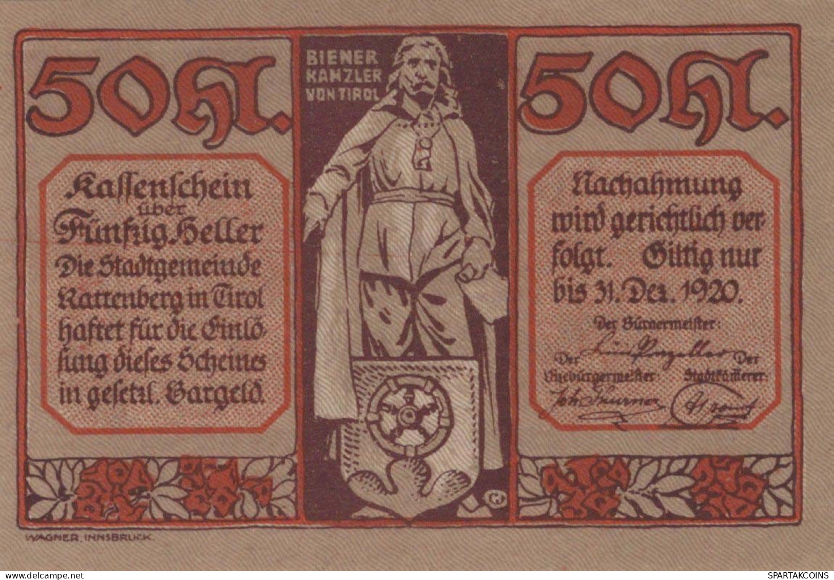 50 HELLER 1920 Stadt RATTENBERG Tyrol Österreich Notgeld Banknote #PE522 - [11] Emissions Locales