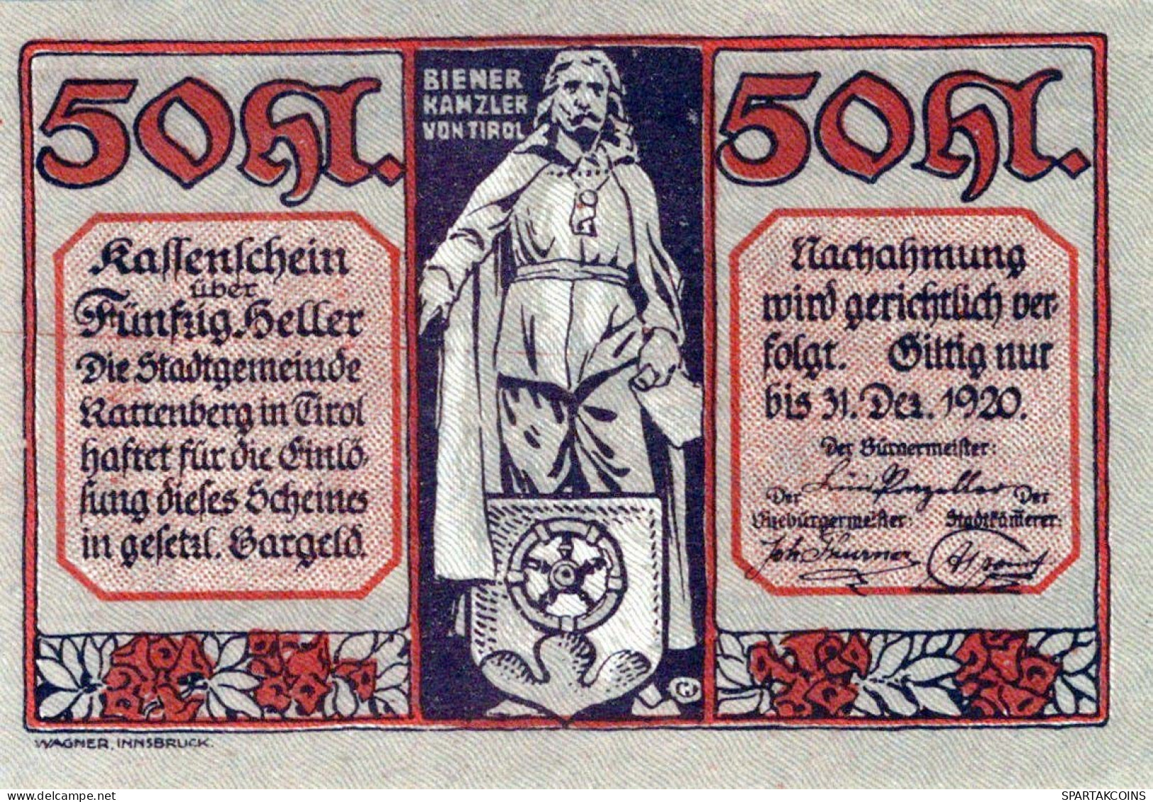 50 HELLER 1920 Stadt RATTENBERG Tyrol Österreich Notgeld Banknote #PE522 - [11] Emissions Locales