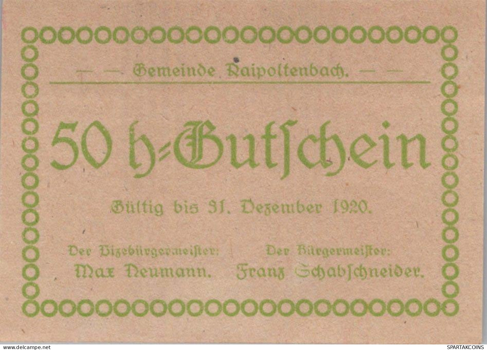 50 HELLER 1920 Stadt RAIPOLTENBACH Niedrigeren Österreich Notgeld #PD980 - [11] Emissions Locales
