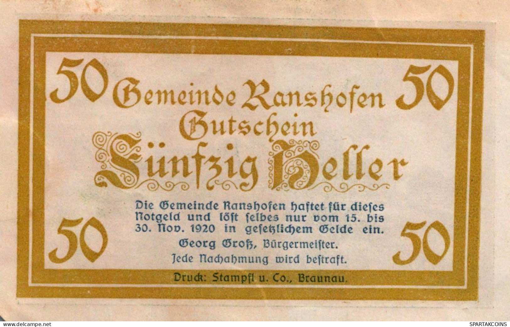 50 HELLER 1920 Stadt RANSHOFEN Oberösterreich Österreich Notgeld Banknote #PE524 - [11] Local Banknote Issues