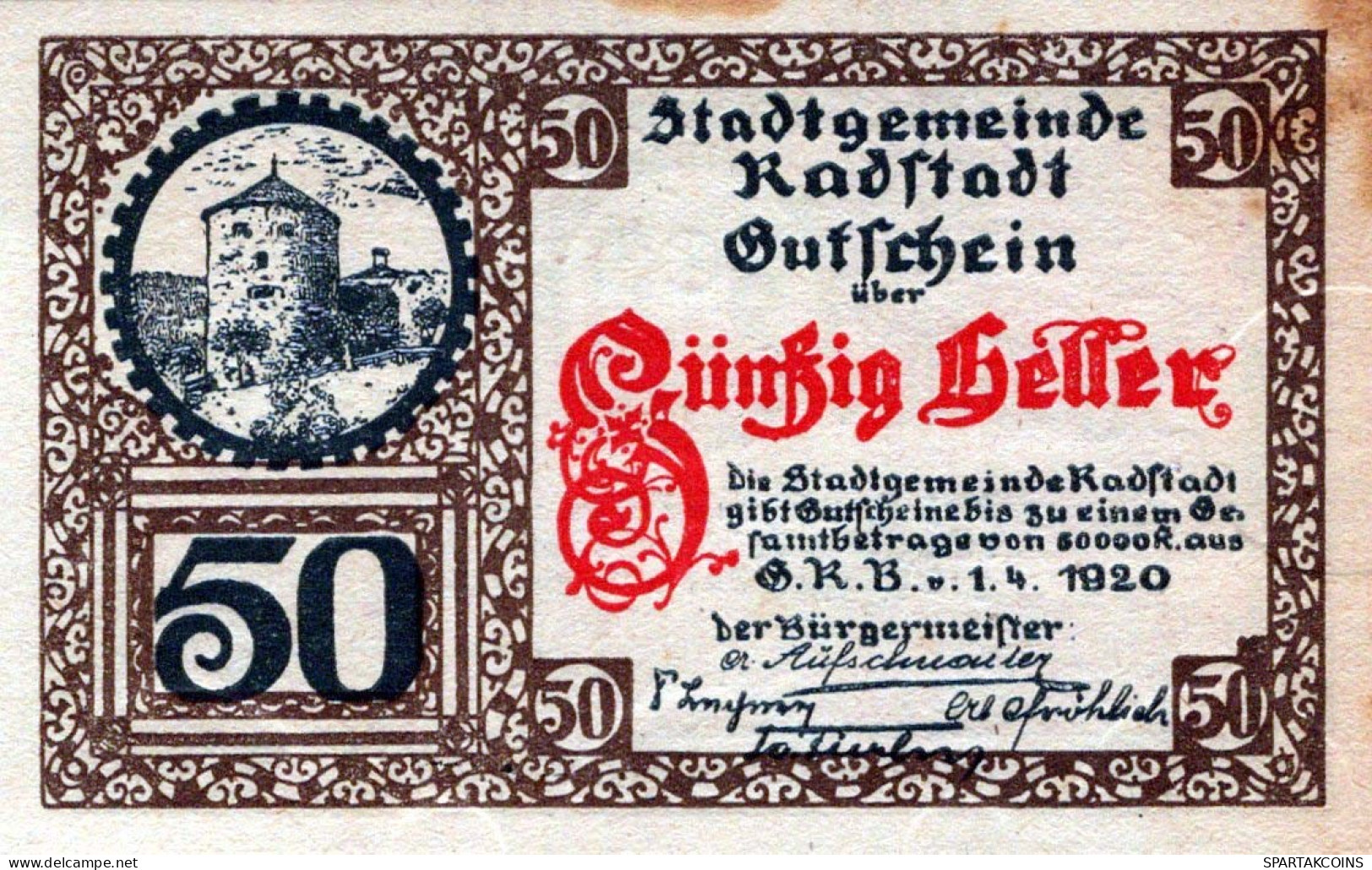 50 HELLER 1920 Stadt RADSTADT Salzburg Österreich Notgeld Banknote #PD985 - [11] Local Banknote Issues