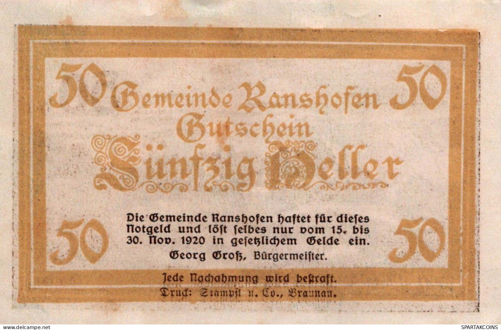 50 HELLER 1920 Stadt RANSHOFEN Oberösterreich Österreich Notgeld Banknote #PE523 - [11] Emissions Locales