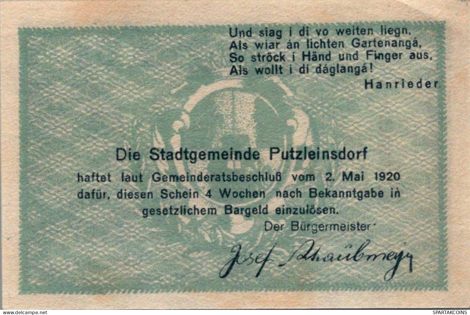 50 HELLER 1920 Stadt PUTZLEINSDORF Oberösterreich Österreich Notgeld Papiergeld Banknote #PG654 - [11] Emissions Locales