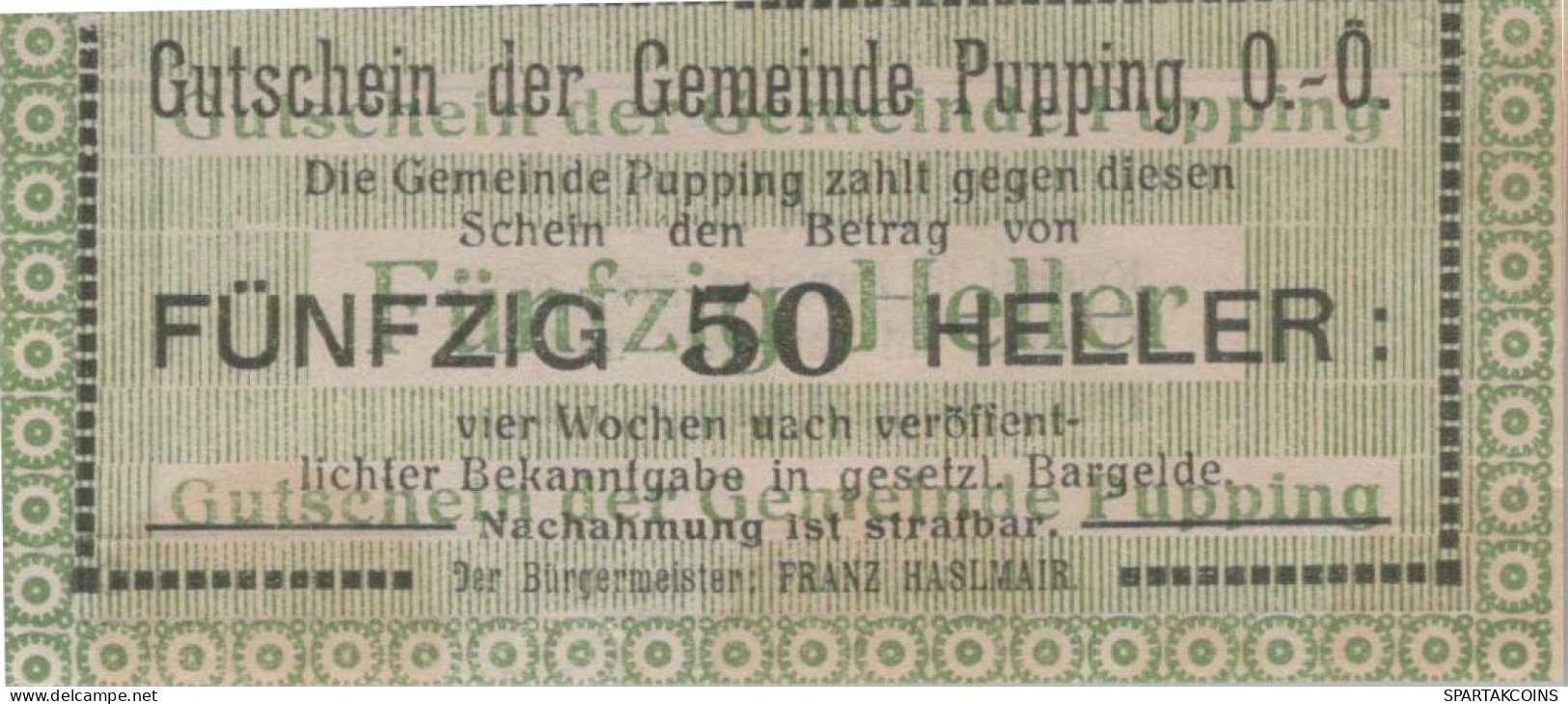 50 HELLER 1920 Stadt PUPPING Oberösterreich Österreich Notgeld Banknote #PE289 - [11] Emissions Locales