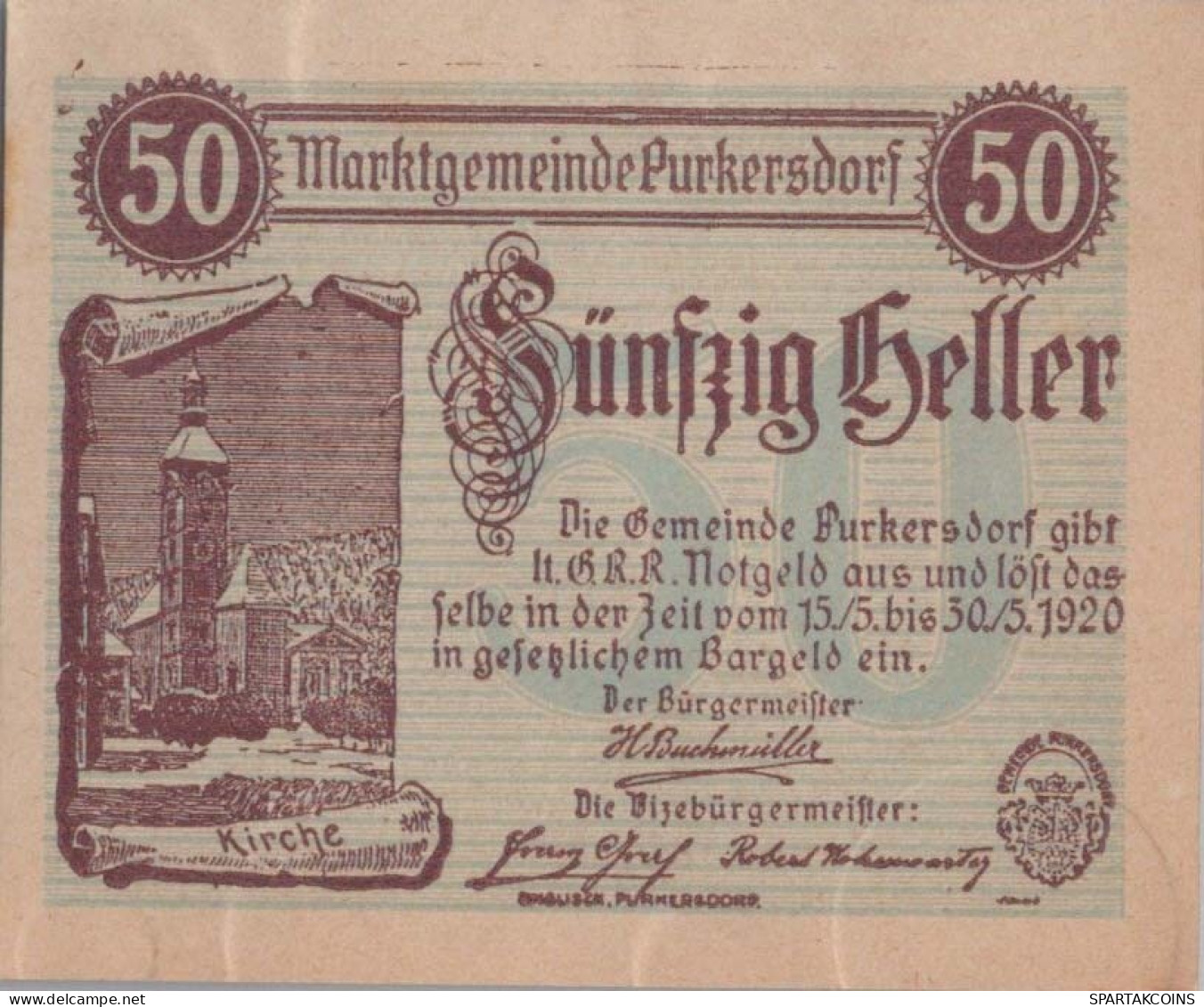 50 HELLER 1920 Stadt PURKERSDORF Niedrigeren Österreich Notgeld #PE259 - [11] Emissions Locales