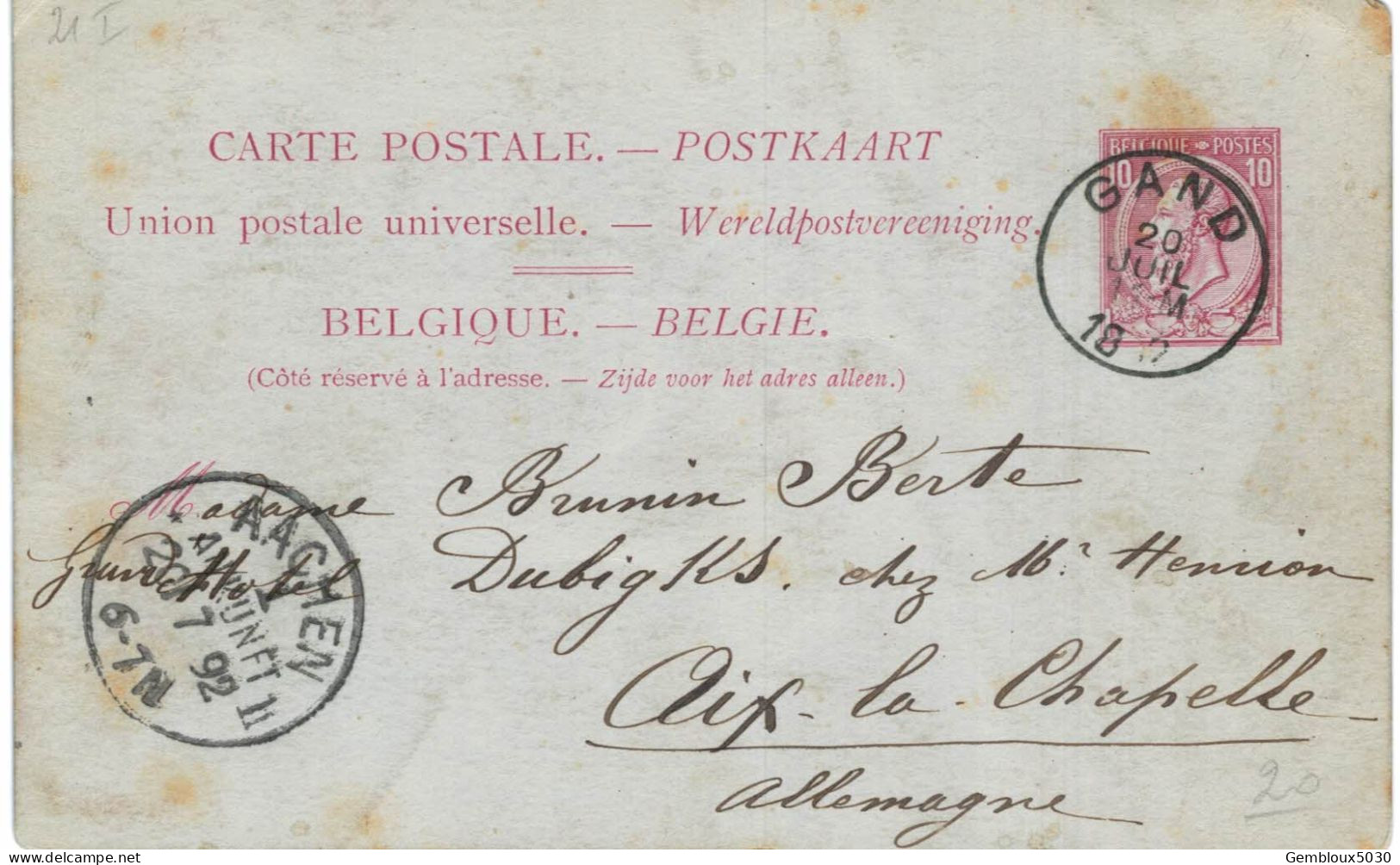 (Lot 02) Entier Postal  N° 46 écrit De Gand Vers D'Aix-la-Chapelle - Postkarten 1871-1909