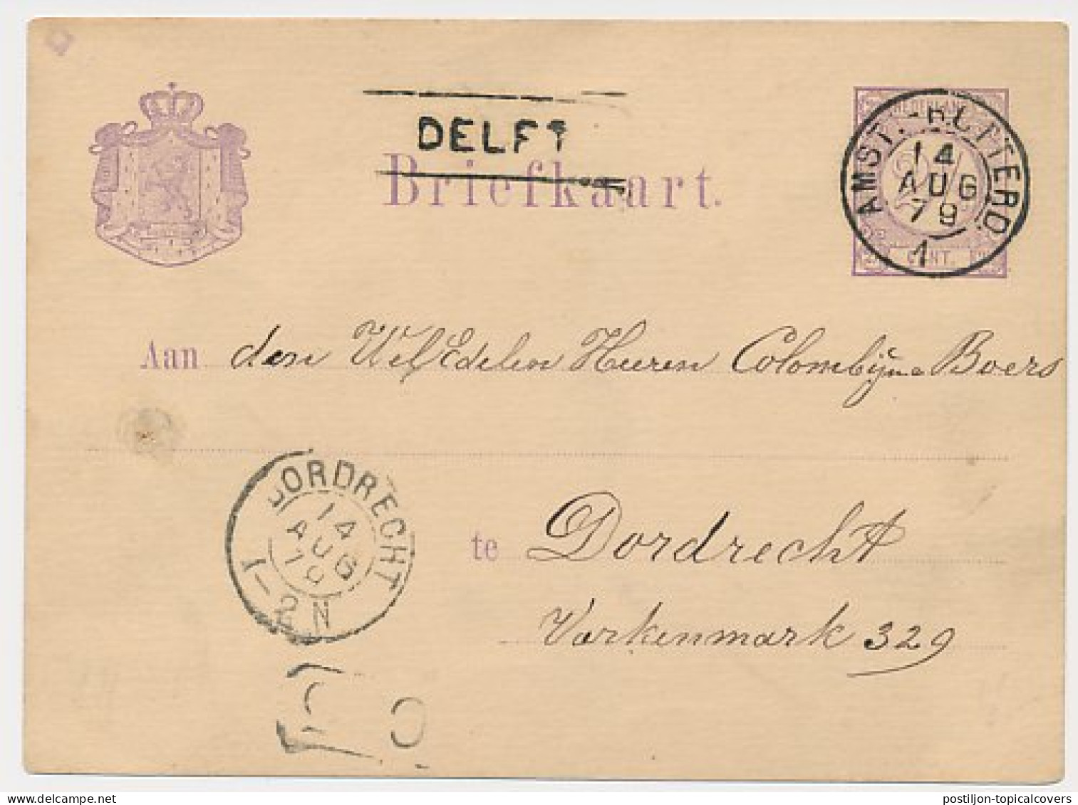 Trein Haltestempel Delft 1879 - Lettres & Documents