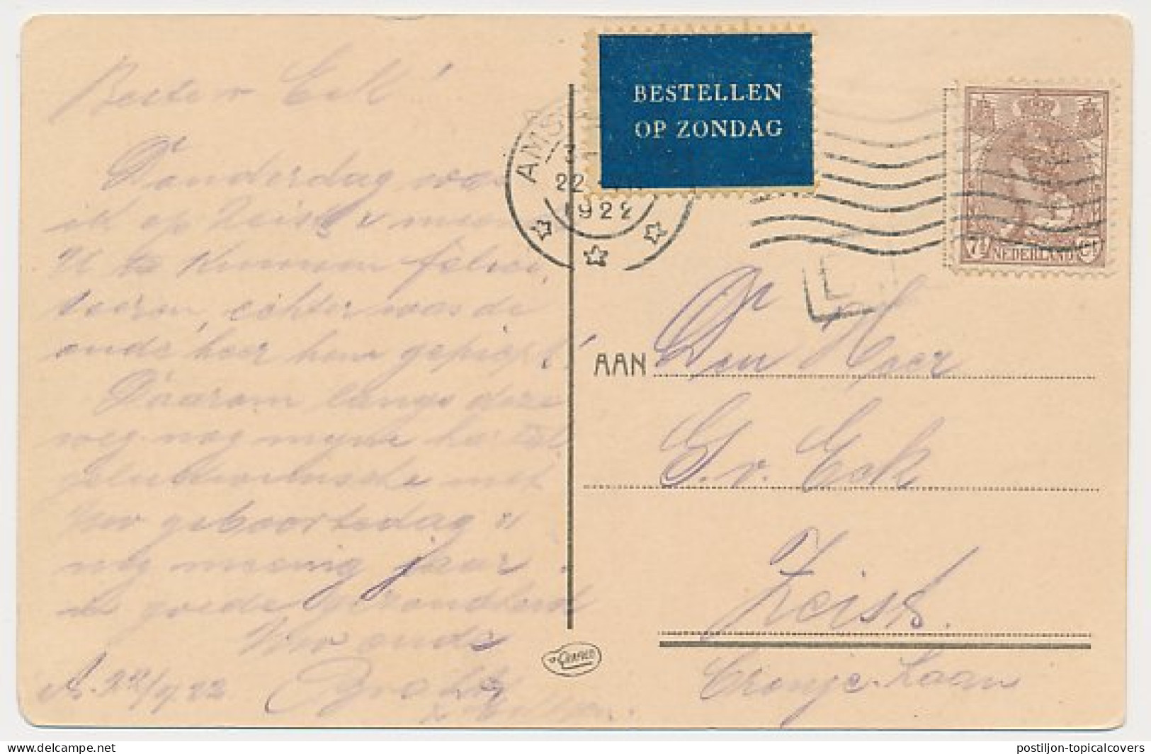 Bestellen Op Zondag - Amsterdam - Zeist 1922 - Briefe U. Dokumente