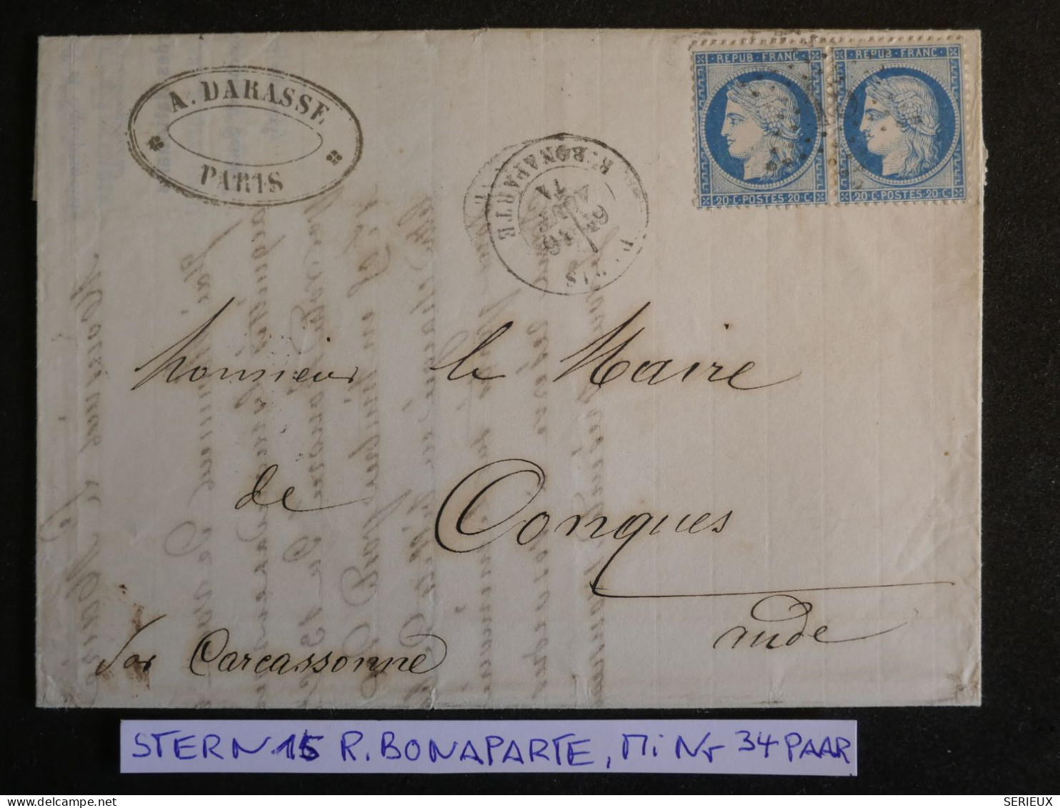 DP4  FRANCE  LETTRE   1871 ETOILE DE PARIS N° 15 A CONQUES   +PAIRE DE  N° 37 +AFF. INTERESSANT++ - 1870 Siege Of Paris