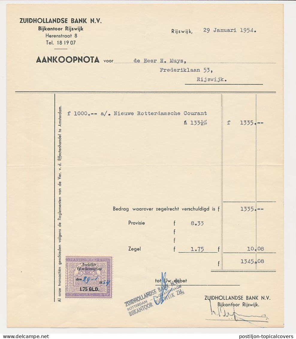 Beursbelasting 1.75 GLD. Den 19.. - Rijswijk 1954 - Revenue Stamps