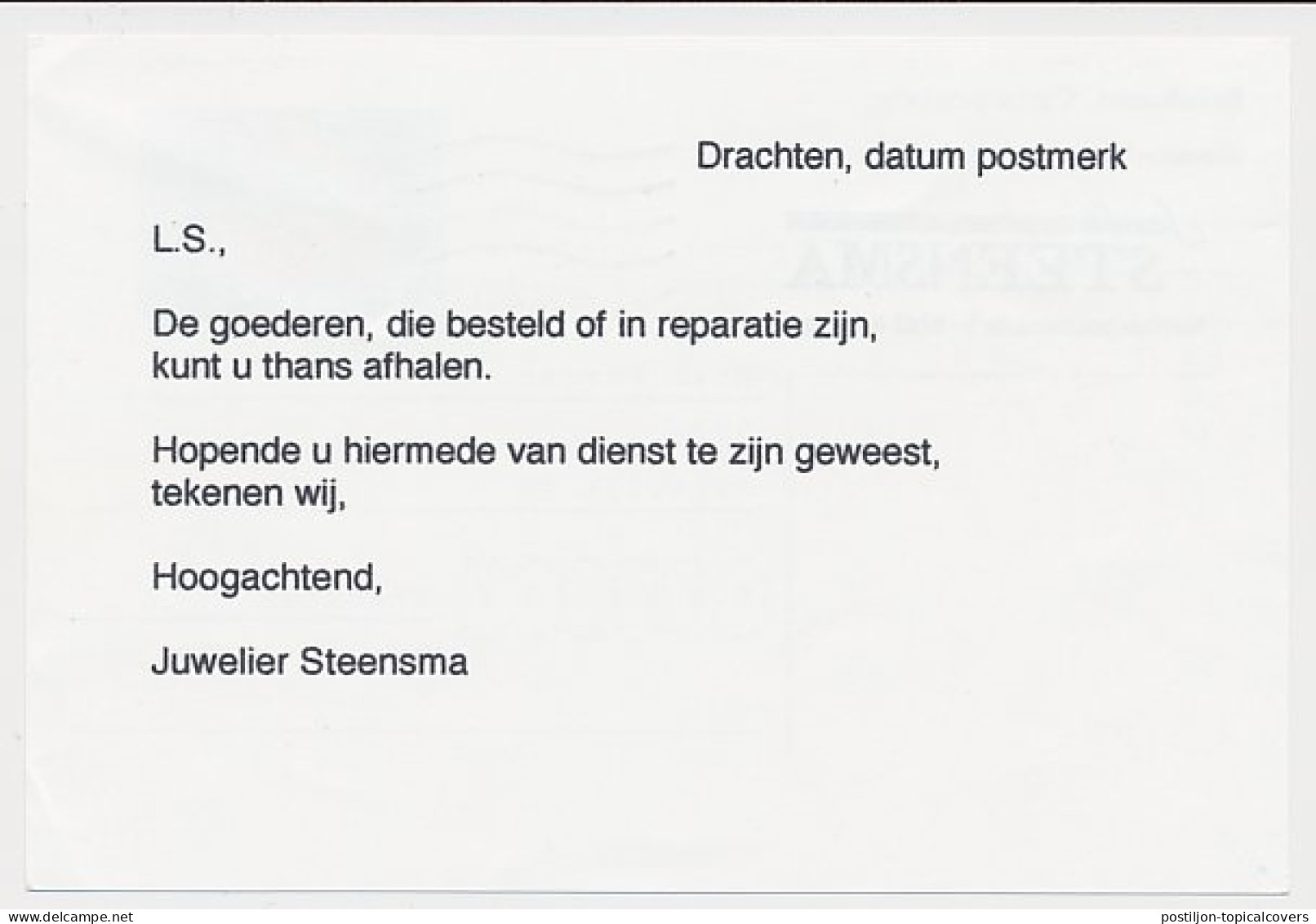 Briefkaart G. 376 Particulier Bedrukt Drachten 1998 - Entiers Postaux
