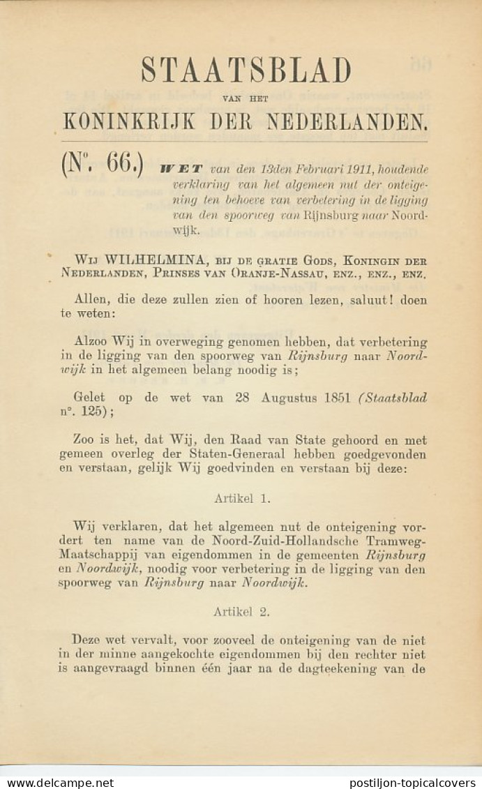 Staatsblad 1911 : Spoorlijn Rijnsburg - Noordwijk - Historical Documents