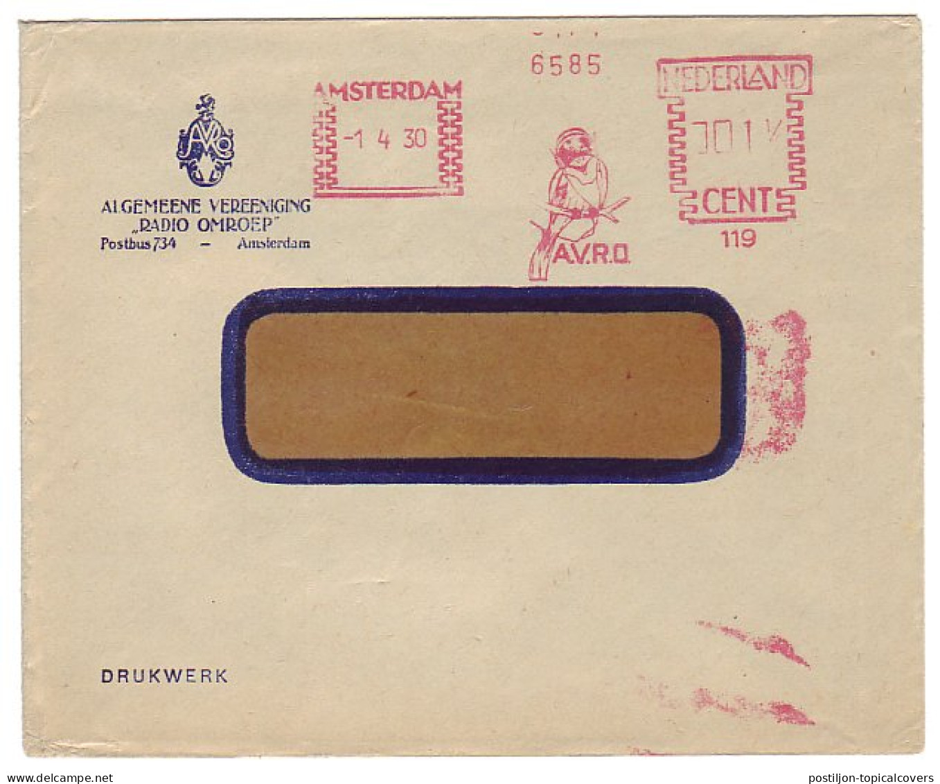 Meter Cover Netherlands 1930 Bird - Finch - Eavesdropper - AVRO - Other & Unclassified