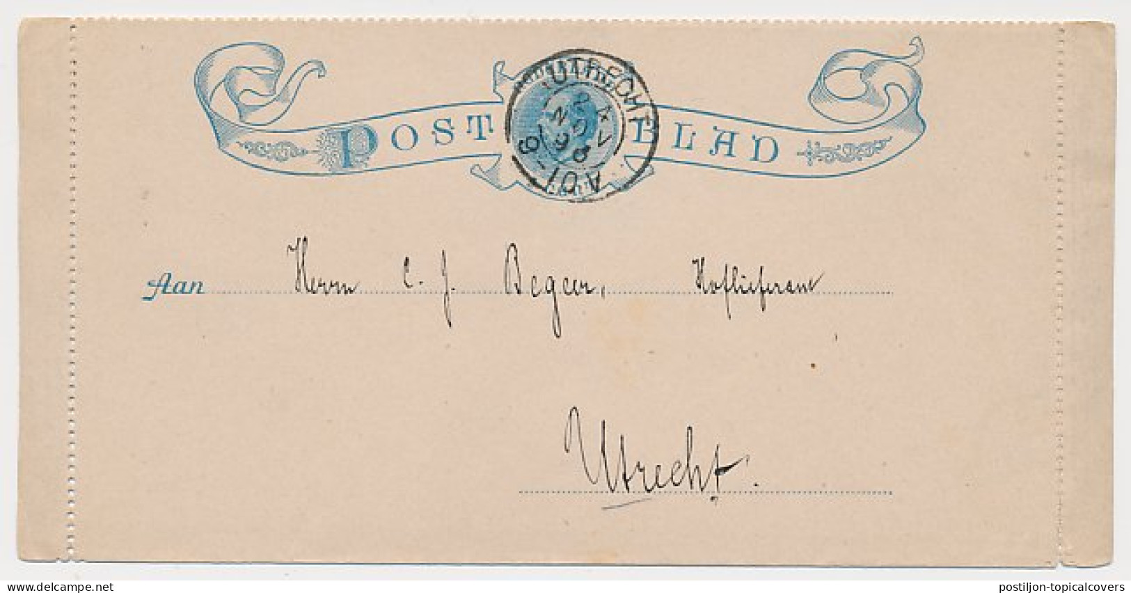 Postblad G. 1 Locaal Te Utrecht 1893 - Entiers Postaux