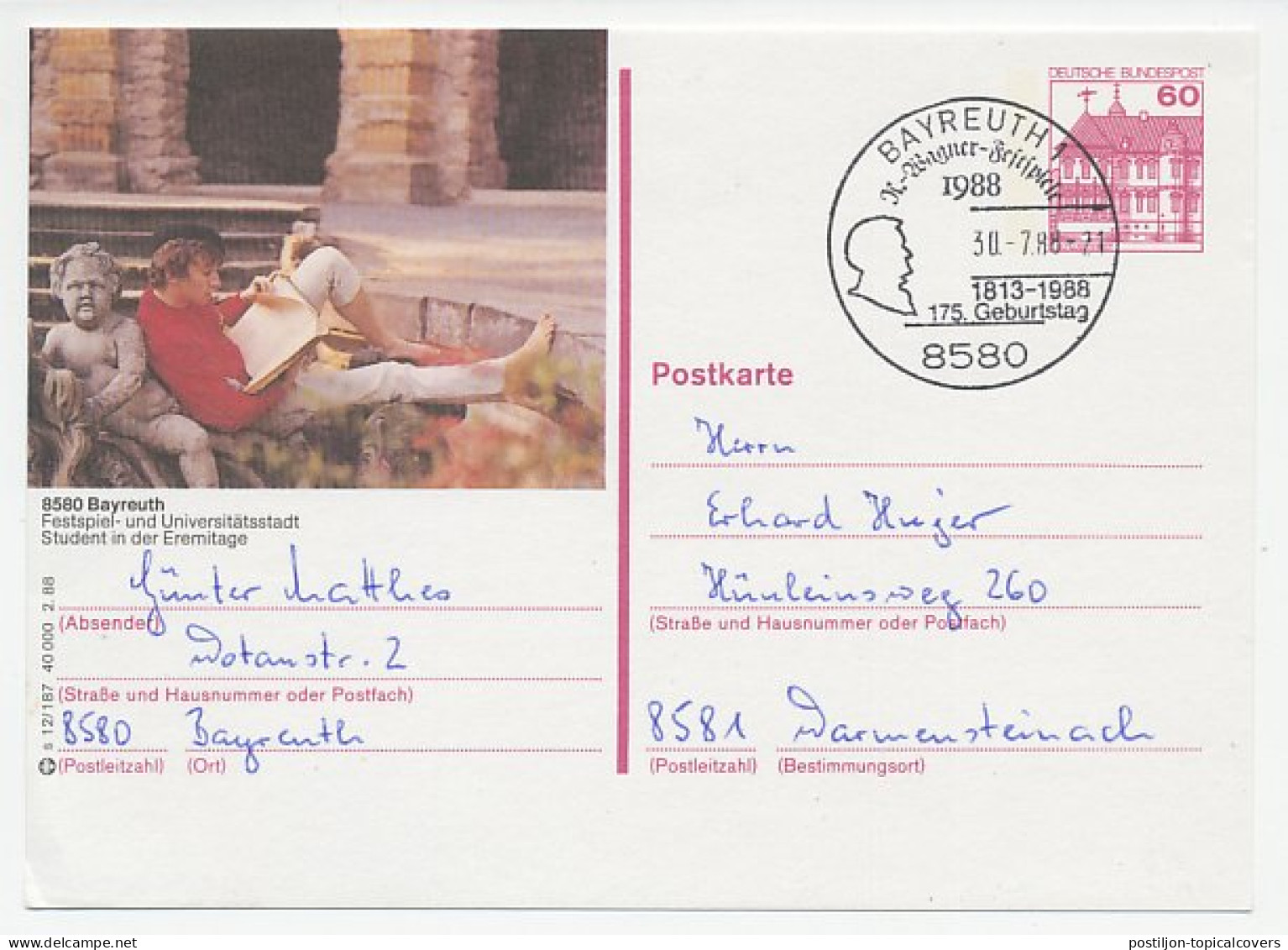 Postal Stationery / Postmark Germany 1988 Richard Wagner - Composer - Bayreuth Festival  - Musique