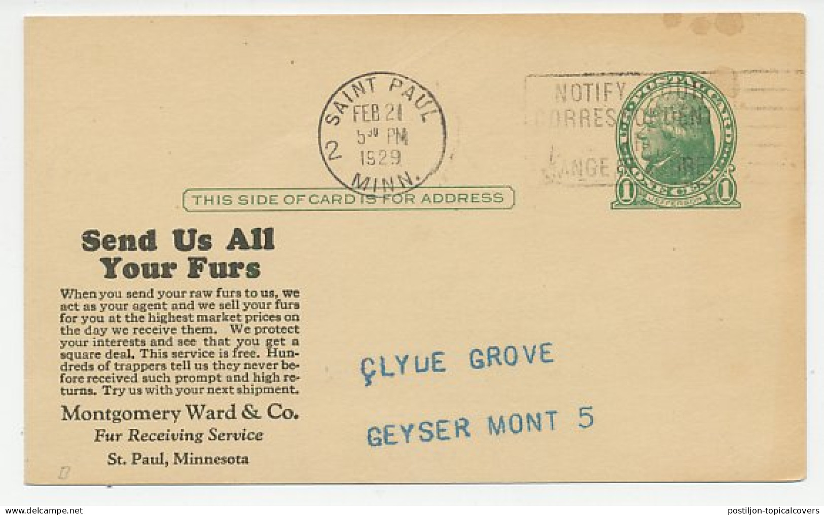 Postal Stationery USA 1929 Fur - Muskrats - Costumes
