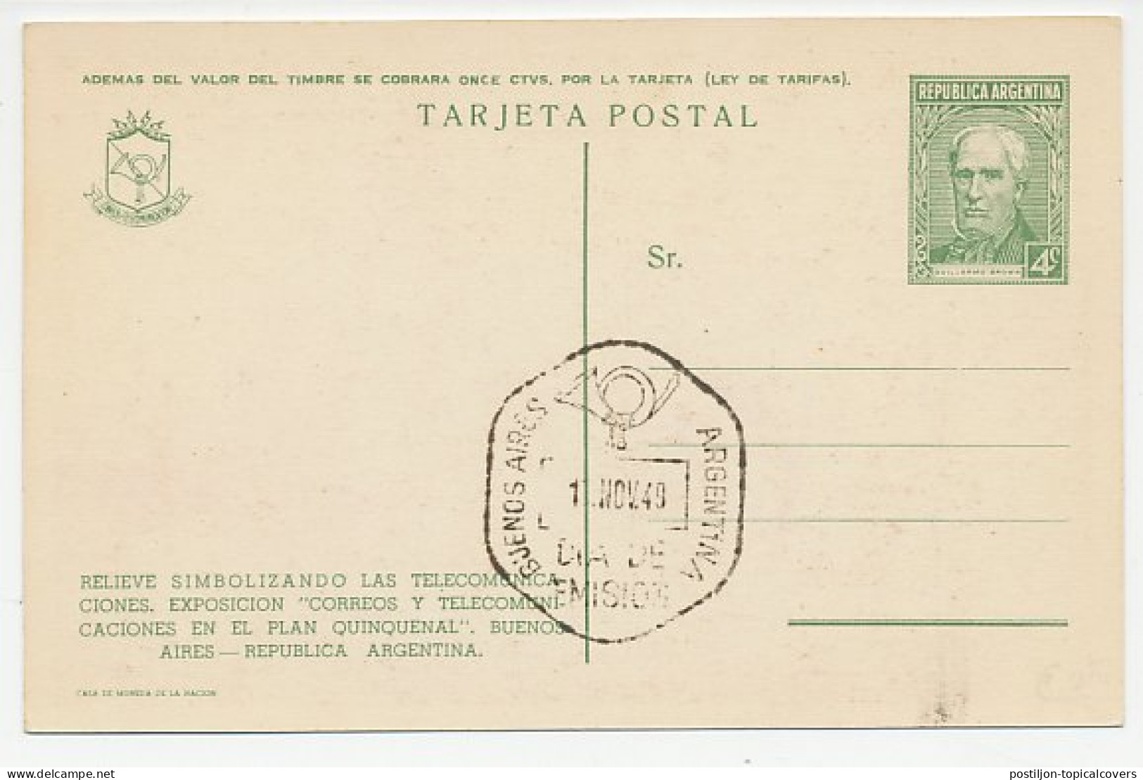 Postal Stationery Argentina 1949 Telecom Exhibition - Télécom