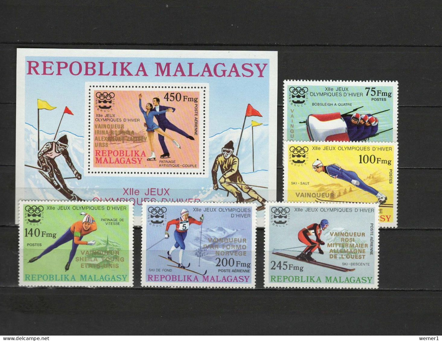 Malagasy - Madagascar 1976 Olympic Games Innsbruck Set Of 5 + S/s With Winners Overprint In Gold MNH -scarce- - Winter 1976: Innsbruck