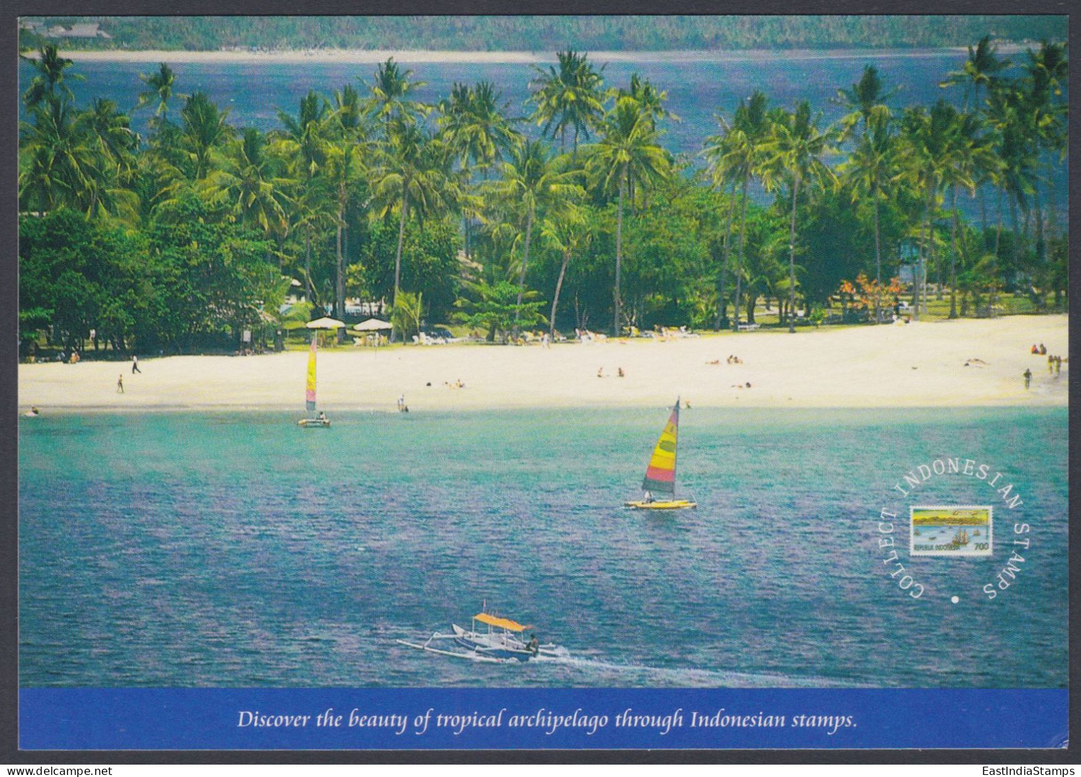 Indonesia 2000 Mint Postcard Senggigi Beach, Lombok, Sail Boat, Tree, Trees, Mountain, Sea, Tourism - Indonésie