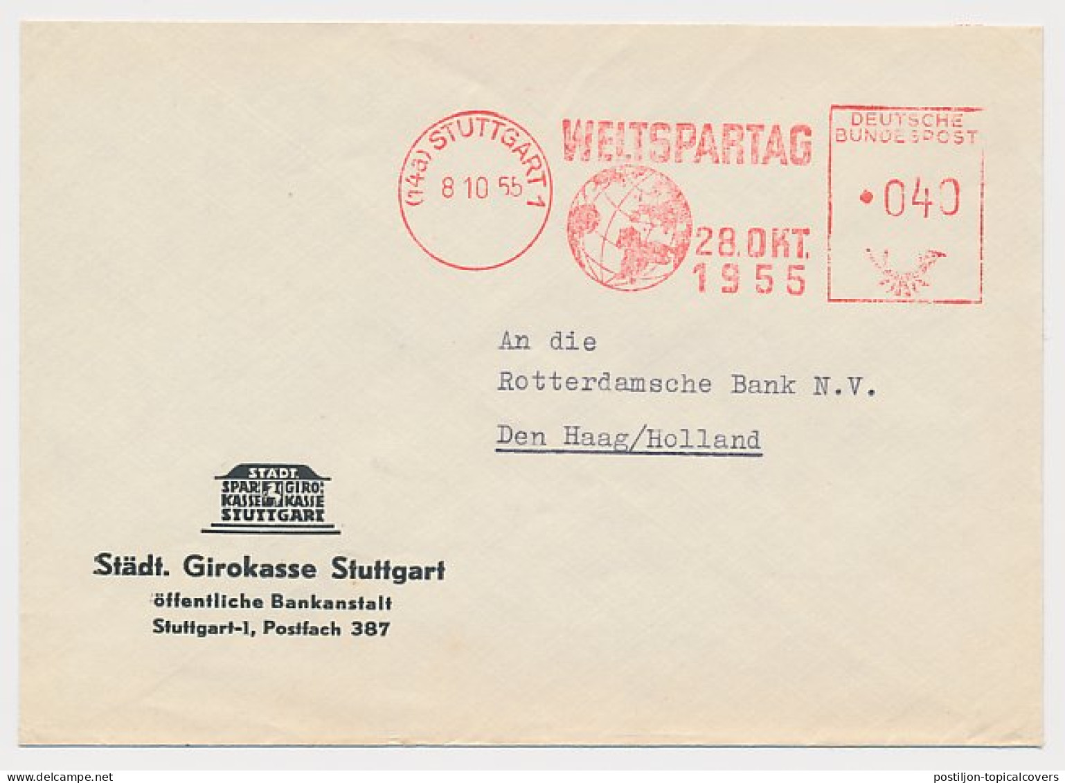 Meter Cover Germany 1955 World Savings Day - Globe - Ohne Zuordnung