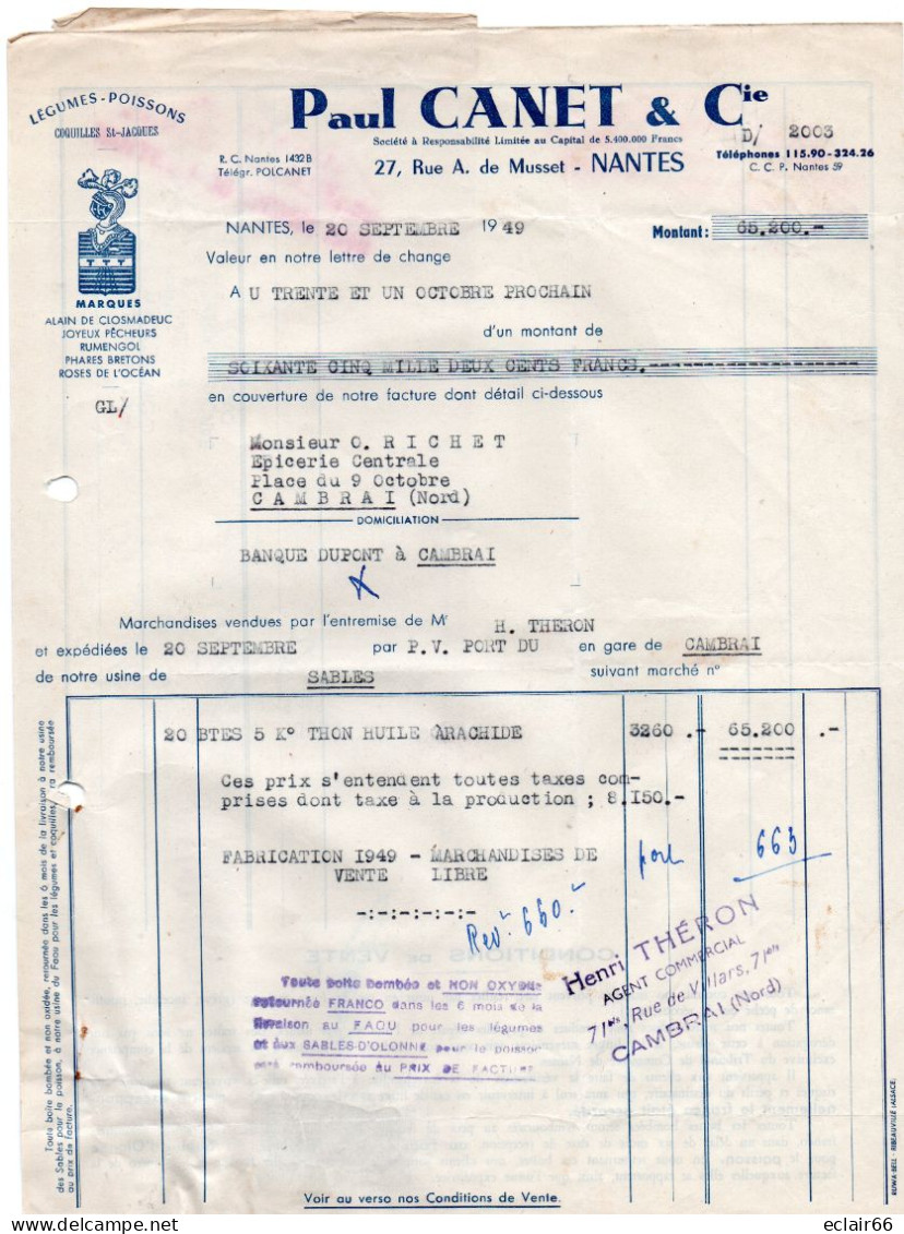 3 Documents Factures NANTES 1949 Conserves Alimentaires PAUL CANET Conserverie COQUILLES ST JACQUES - Lebensmittel