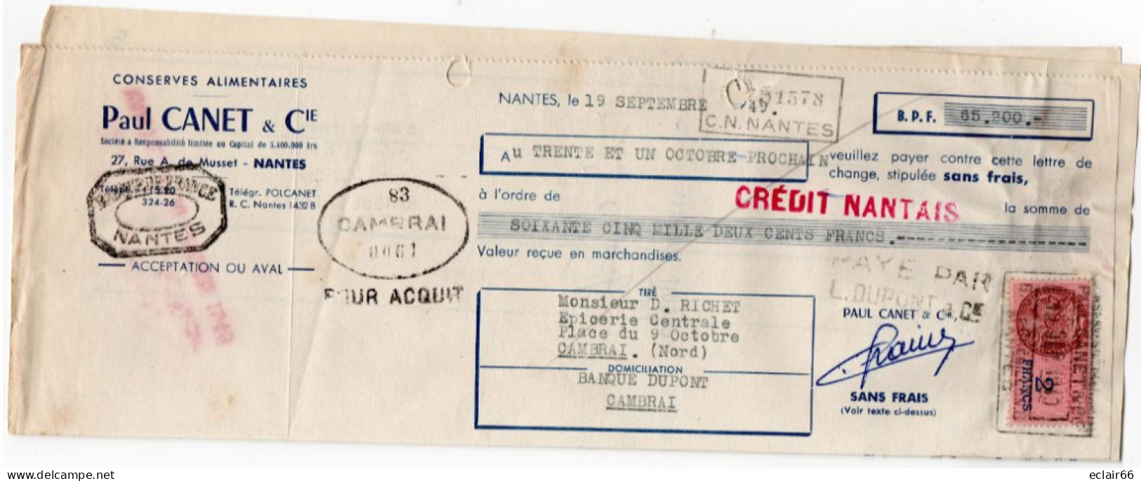 3 Documents Factures NANTES 1949 Conserves Alimentaires PAUL CANET Conserverie COQUILLES ST JACQUES - Food