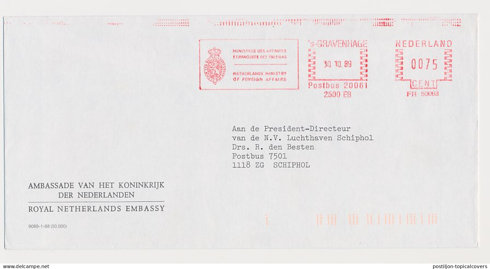 Meter Cover Netherlands 1989 Royal Netherlands Embassy - Unclassified