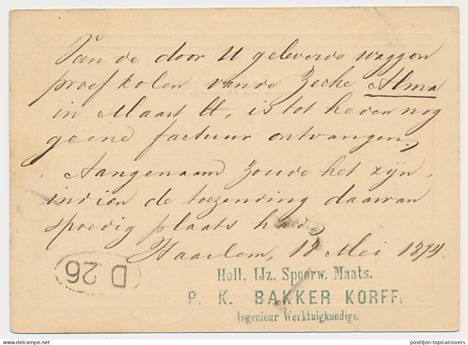 Trein Haltestempel Haarlem 1874 - Afz. : H.IJ.S.M. - Briefe U. Dokumente