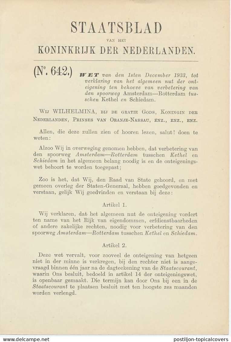 Staatsblad 1933 : Spoorlijn Kethel - Schiedam - Documents Historiques