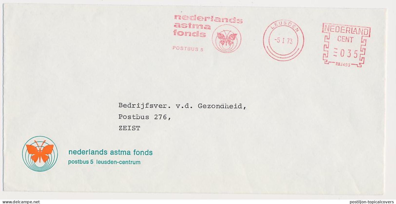 Meter Cover Netherlands 1973 Butterfly - Dutch Asthma Fond - Leusden - Sonstige & Ohne Zuordnung