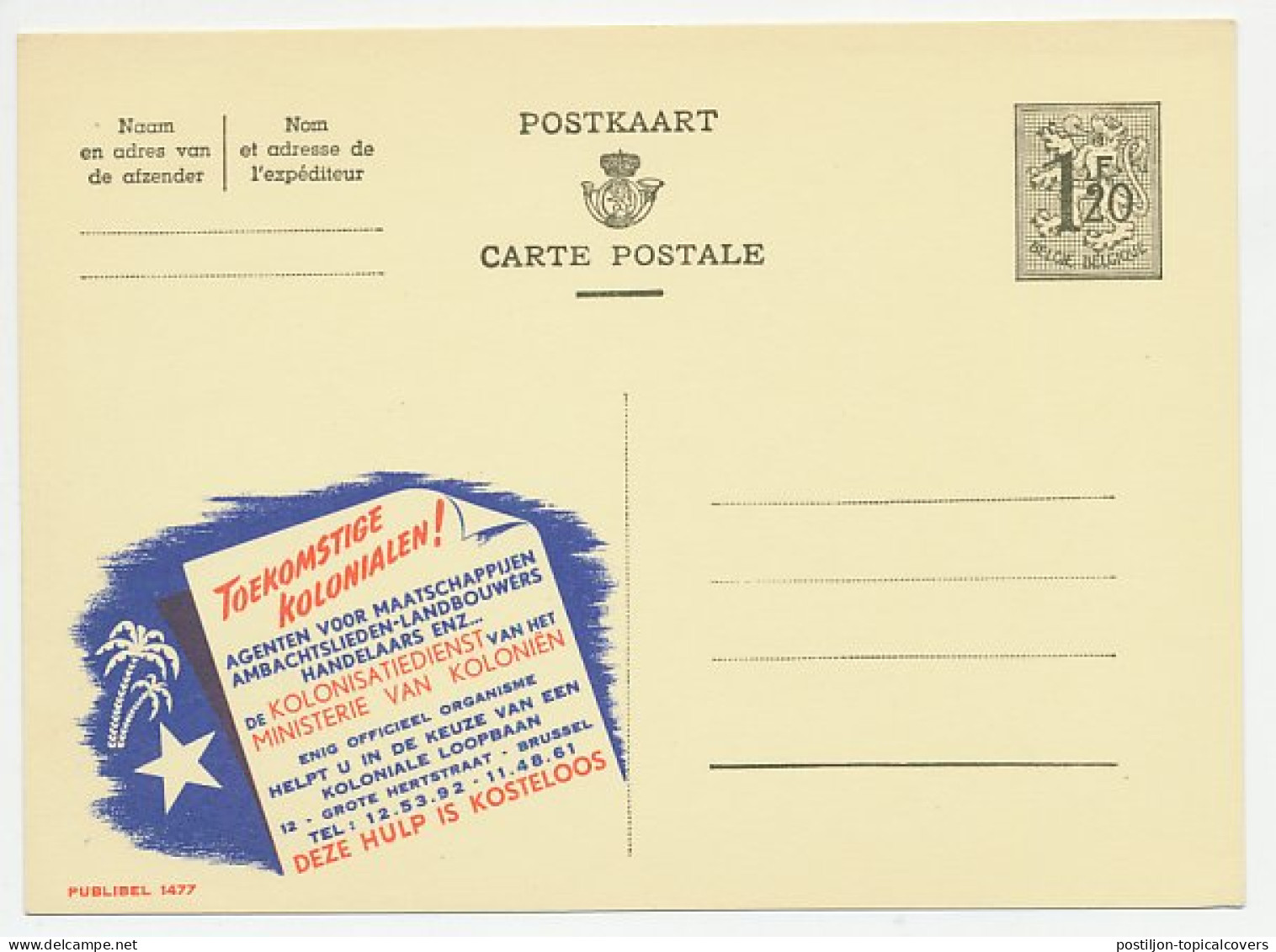 Publibel - Postal Stationery Belgium 1954 Colonization Service - Palm Tree - Star  - Unclassified