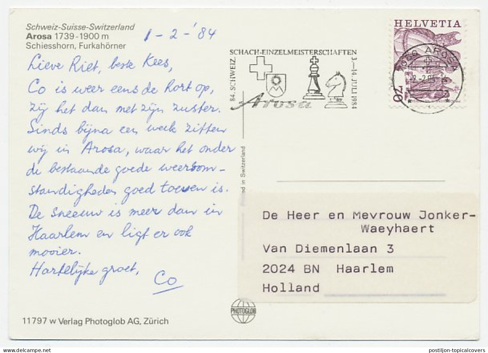 Postcard / Postmark Switzerland 1984 Chess Tournament Arosa - Ohne Zuordnung