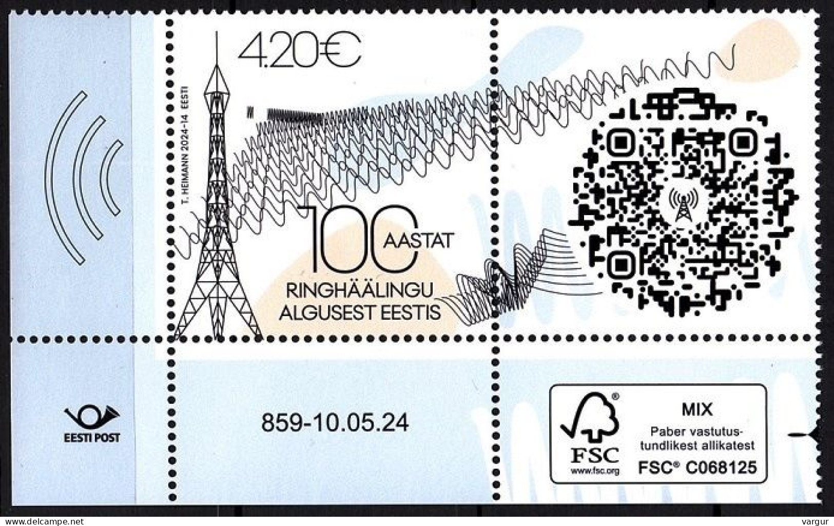 ESTONIA 2024-11 Mass Media: 1st Radio Broadcast - 100, With Label. FSC Margin, MNH - Telekom