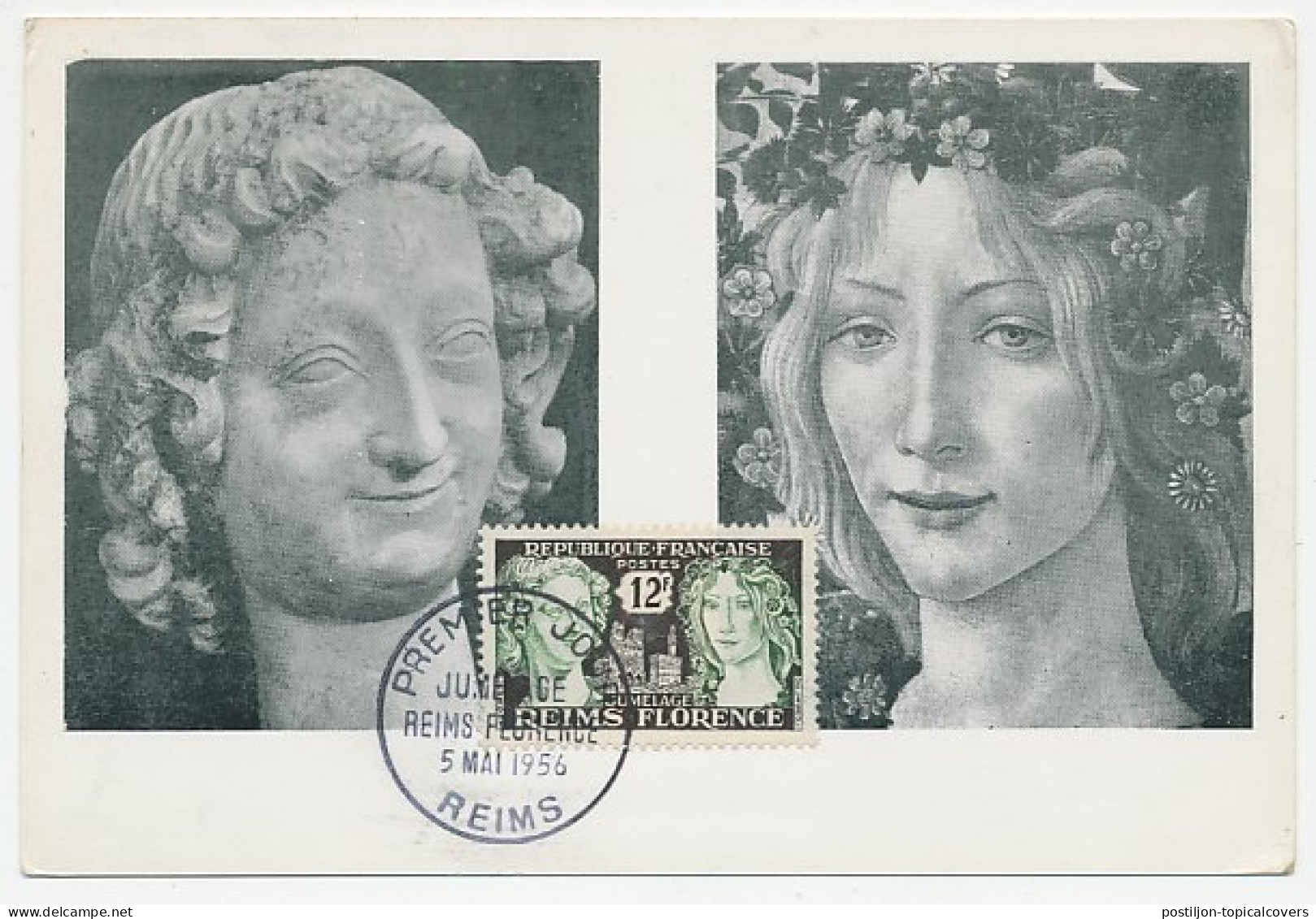 Maximum Card France 1956 Cathedral Reims - Palace Florence - Botticelli - Churches & Cathedrals