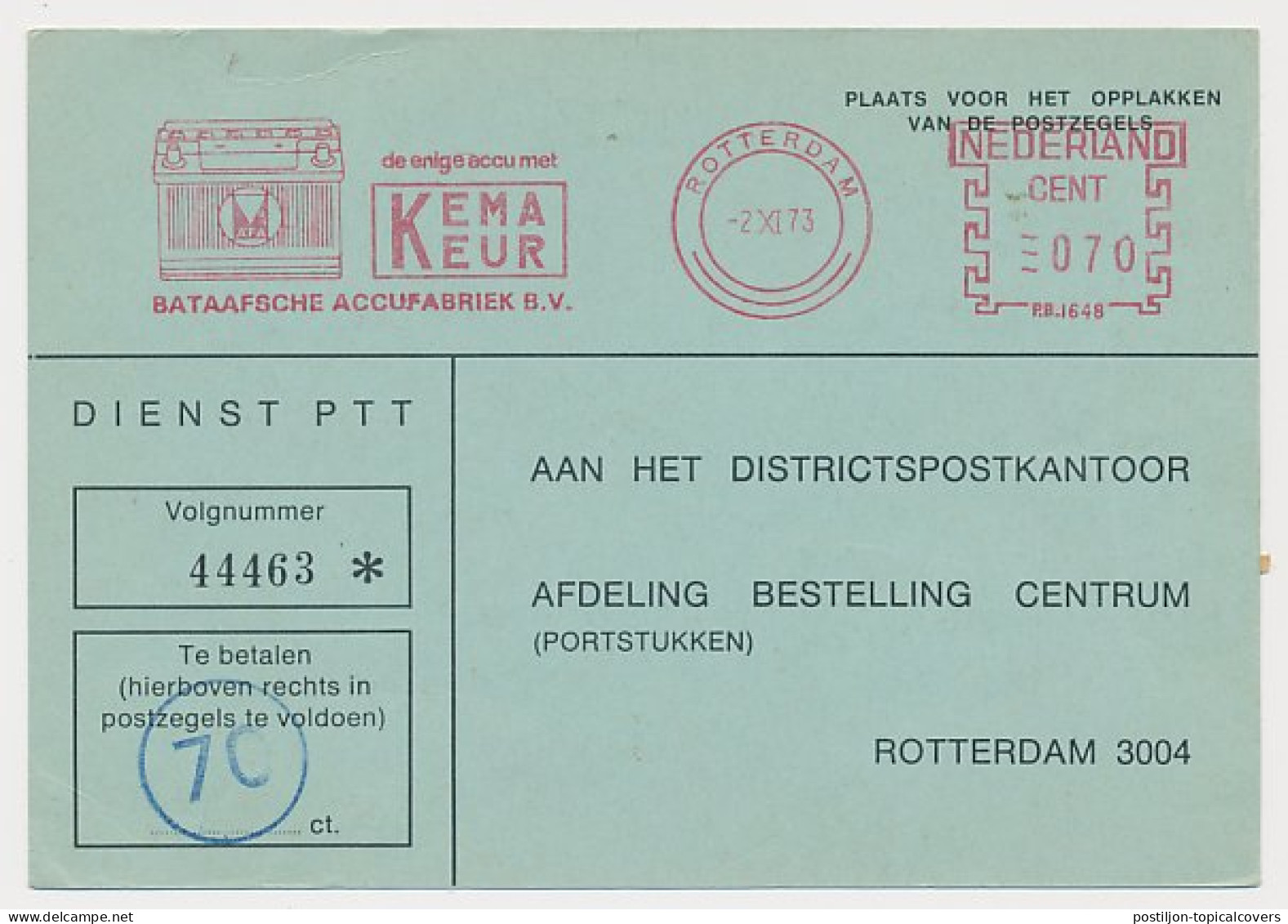 Postage Due Meter Card Netherlands 1974 Battery - Rotterdam - Sonstige & Ohne Zuordnung