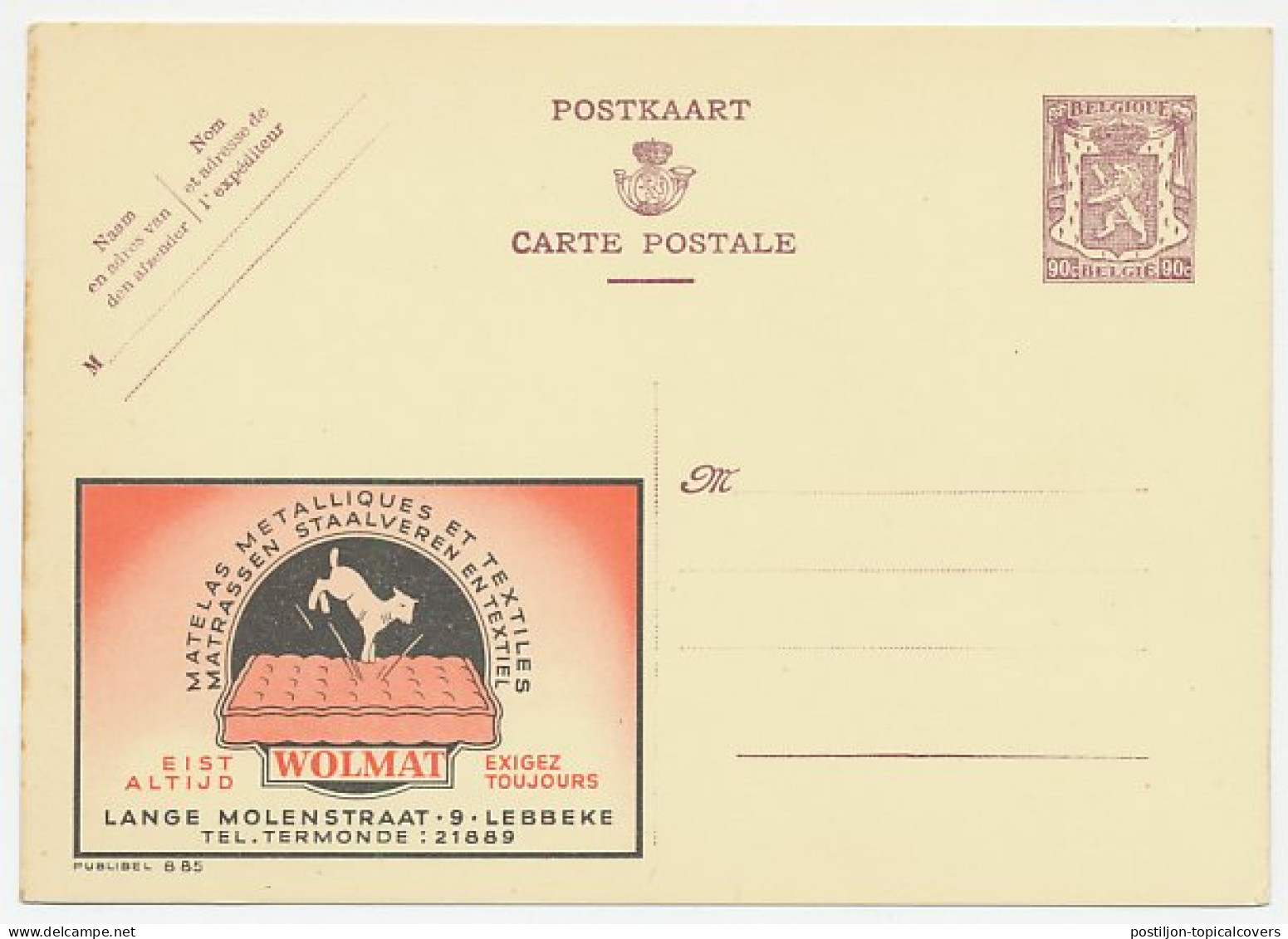 Publibel - Postal Stationery Belgium 1948 Mattress - Bed - Sheep - Lamb - Ohne Zuordnung