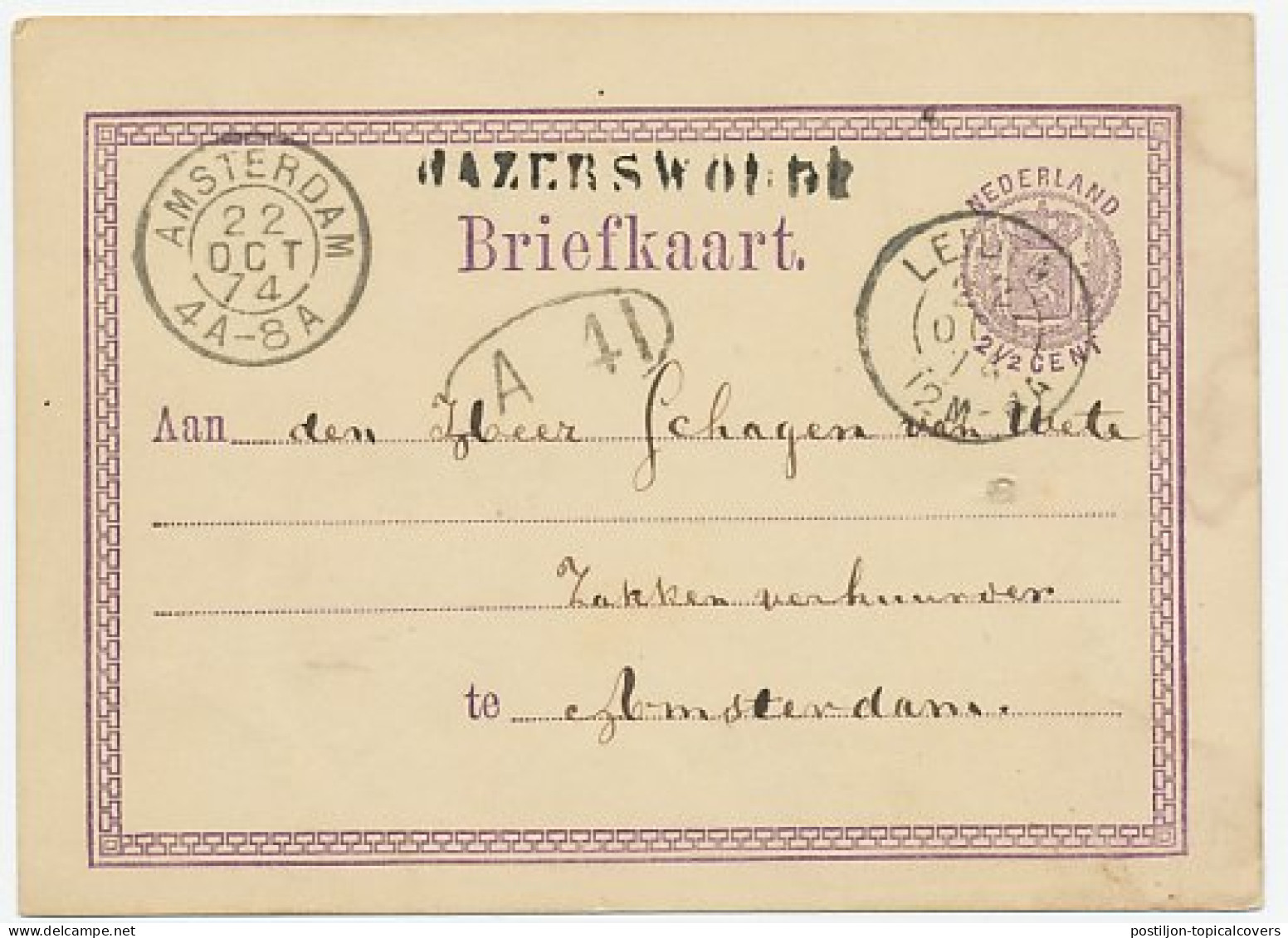 Naamstempel Hazerswoude 1874 - Briefe U. Dokumente