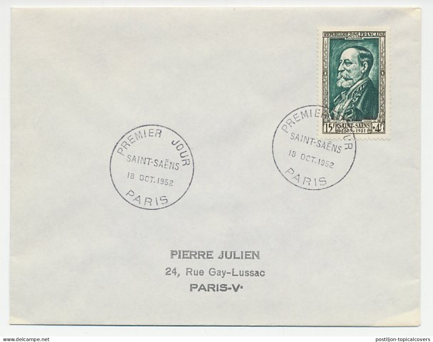 Cover / Postmark France 1952 Camille Saint Saëns - Composer - Pianist - Organist - Musique