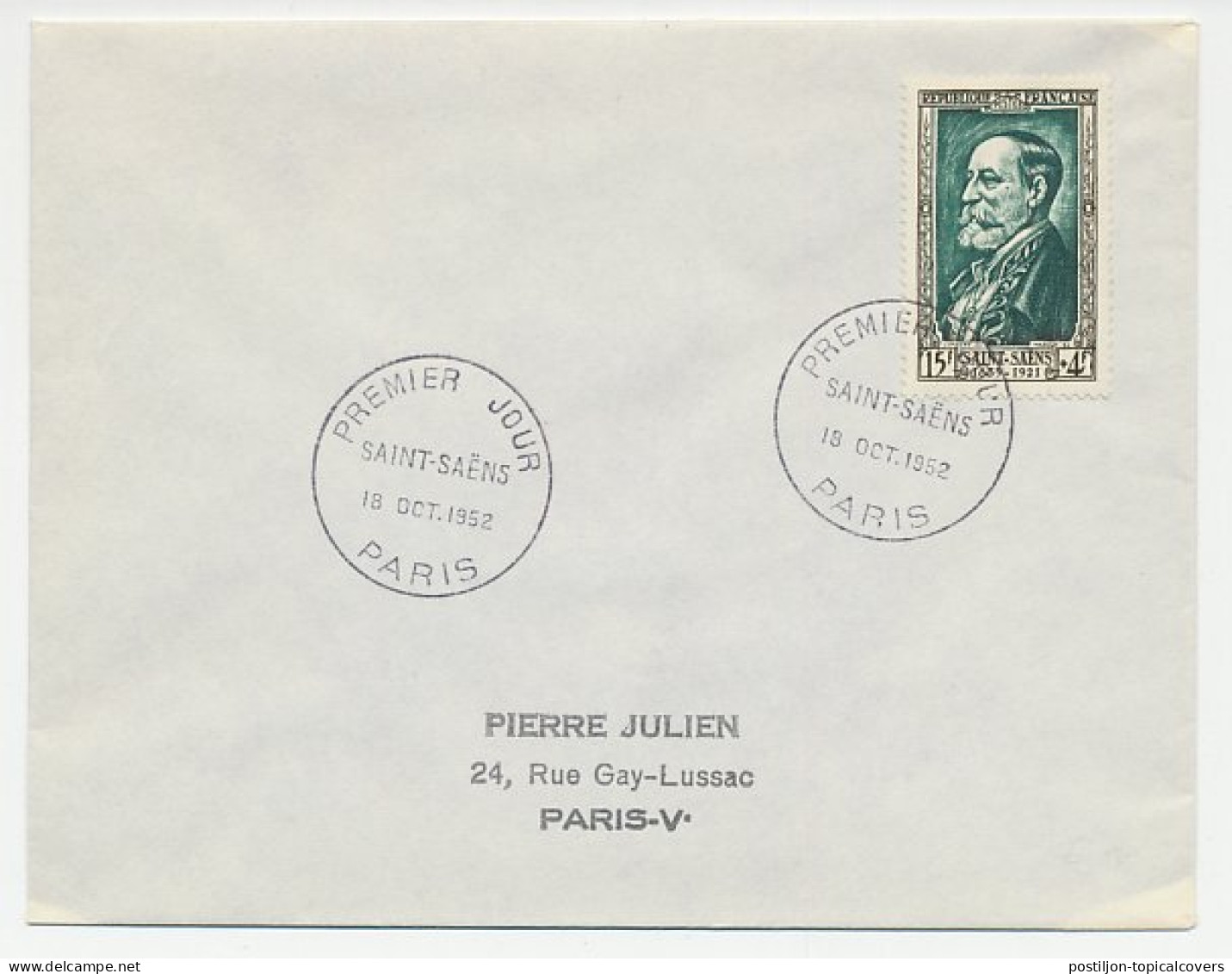 Cover / Postmark France 1952 Camille Saint Saëns - Composer - Pianist - Organist - Musik