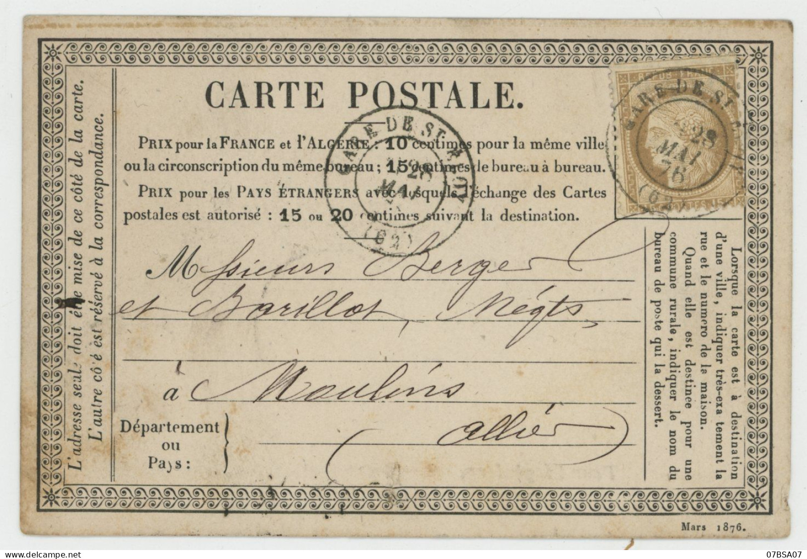 IND 14 COTE 130€ RARE SUR CERES PUY DE DOME CPP 1876 T17 GARE DE ST ELOY  (FIN DU GC) + REPIQUAGE HOUILLERES DE ST ELOY - 1849-1876: Période Classique