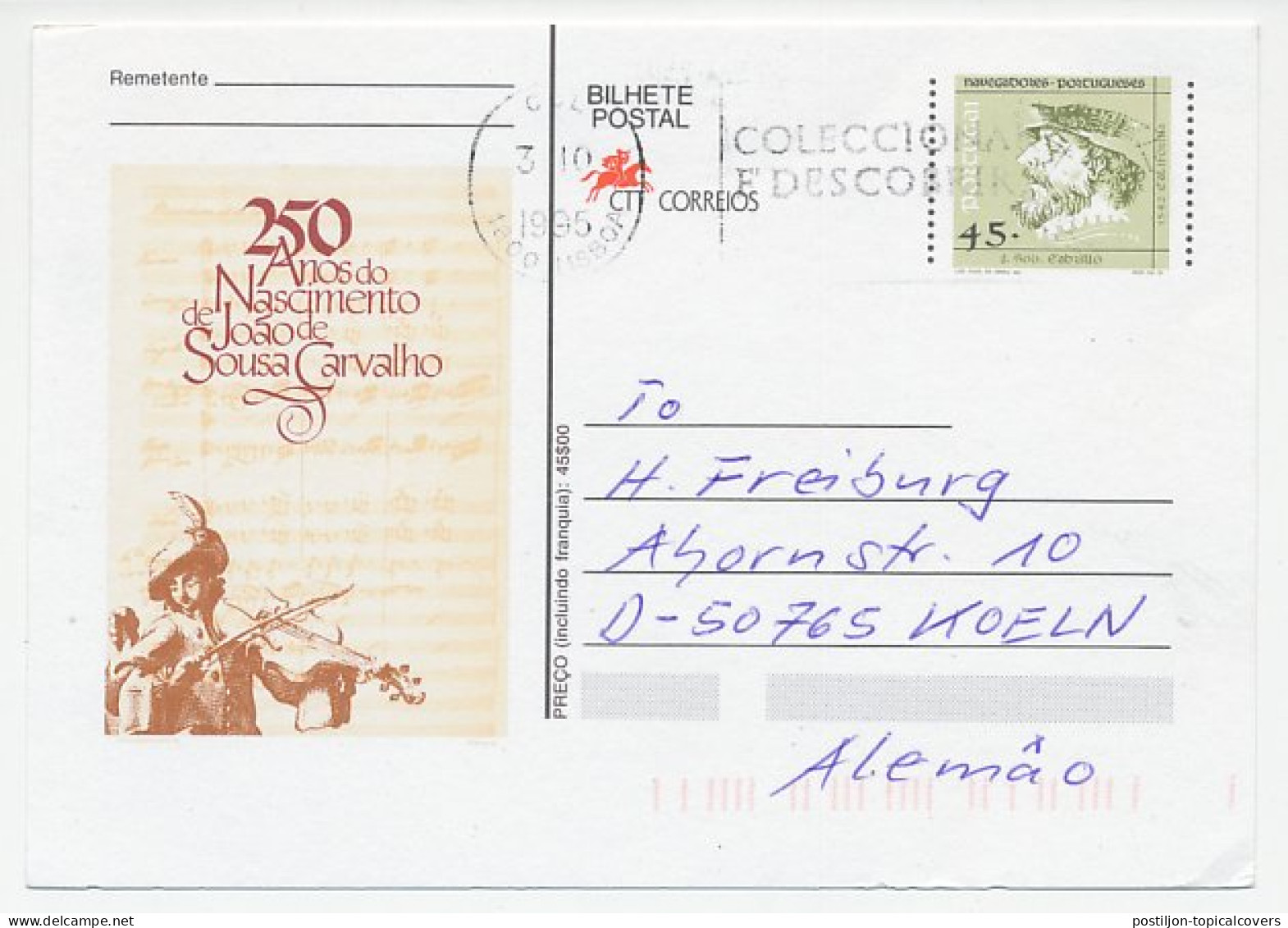 Postal Stationery Portugal 1995 Joao De Sousa Carvalho - Composer - Music