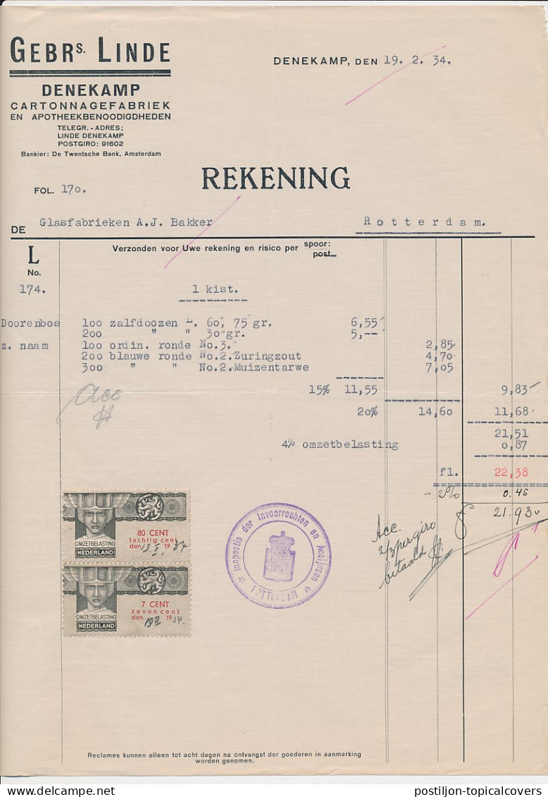 Omzetbelasting 7 CENT / 80 CENT - Denekamp 1934 - Fiscale Zegels