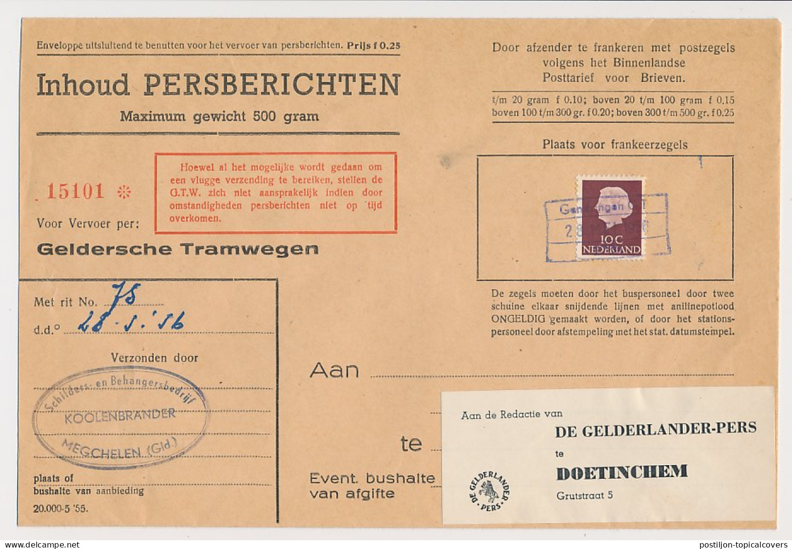Megchelen - Doetinchem 1956 - Persbericht Geldersche Tramwegen - Ohne Zuordnung
