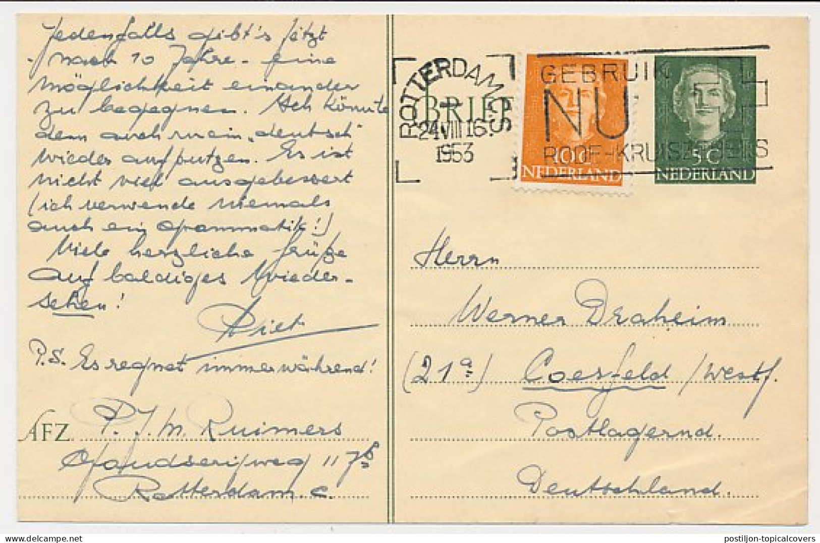 Briefkaart G. 300/ Bijfrankering Rotterdam - Duitsland 1953 - Entiers Postaux